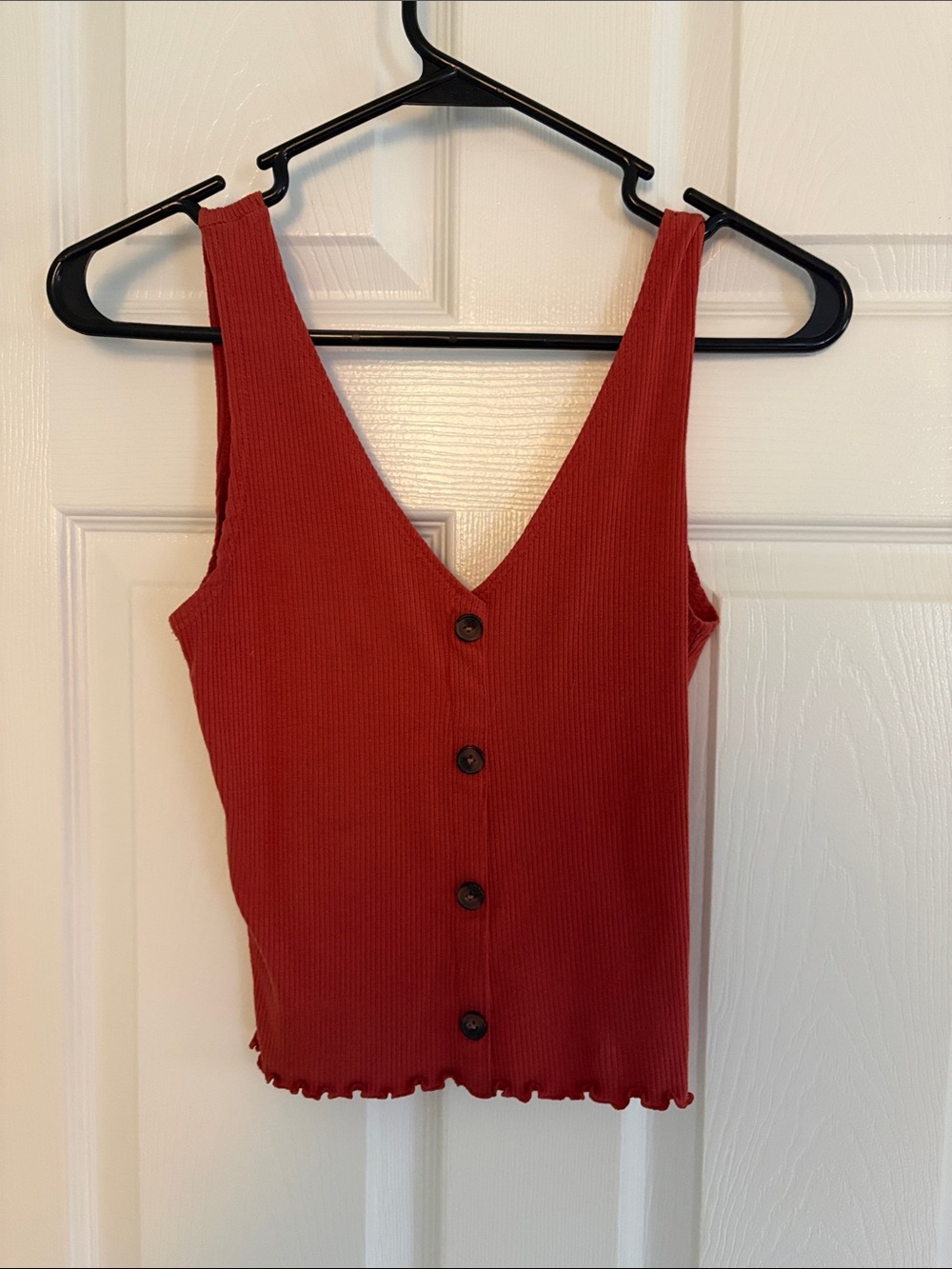 Caution To The Wind Ribbed V-Neck Button-Front Tank - Rust Red